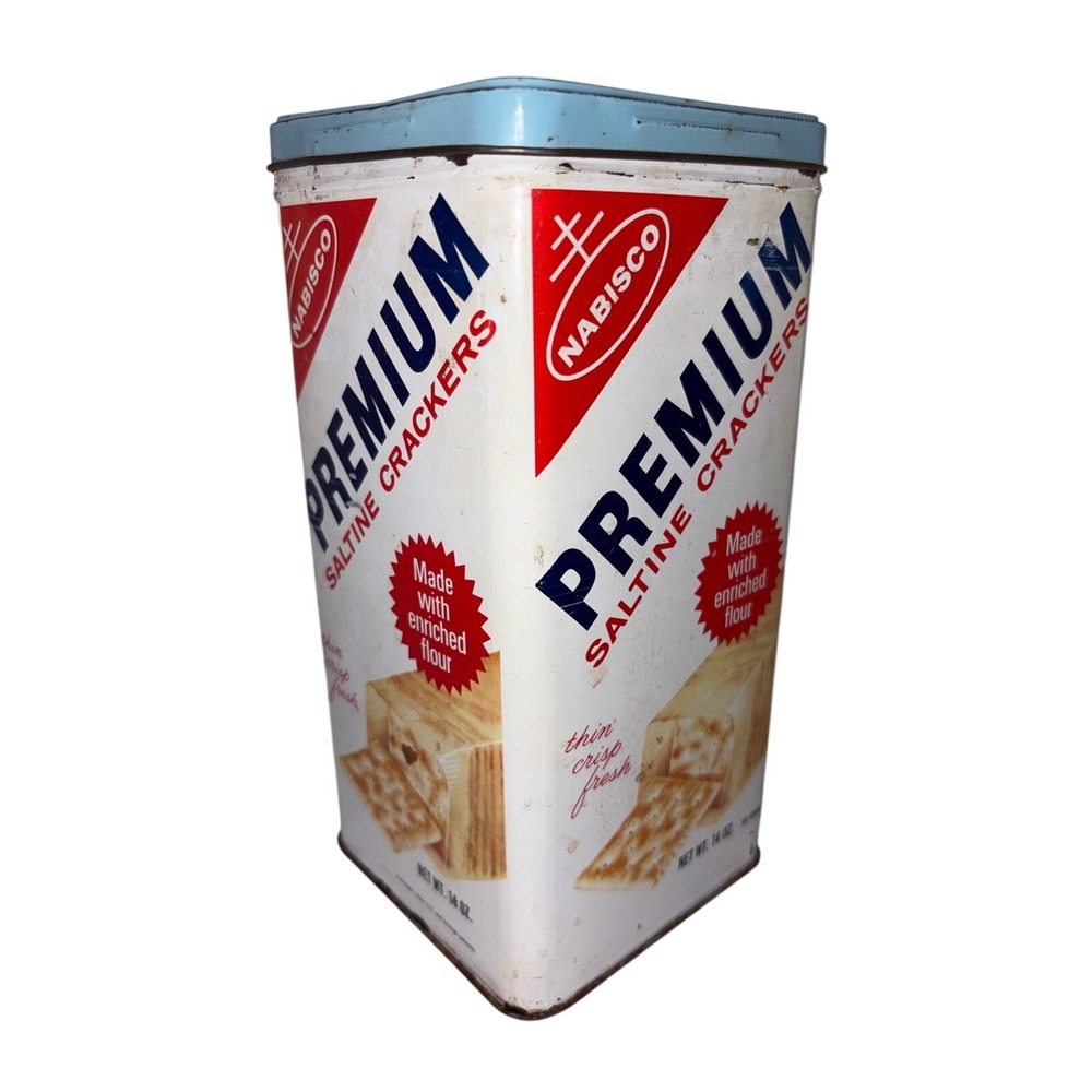 Nabisco Premium Saltine Crackers Tin 1969  Blue Lid Collectible 14oz USA Vintage